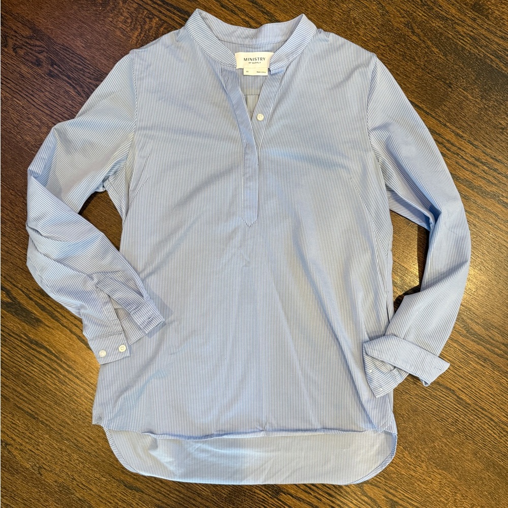Ministry of Supply Light Blue Striped Casual Button Down Blouse